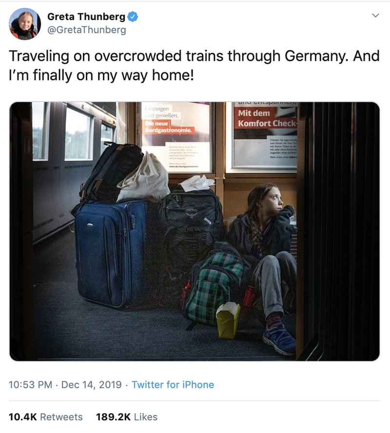 Greta Thunbergs inlägg på Twitter. Greta Thunbergs inlägg på Twitter.